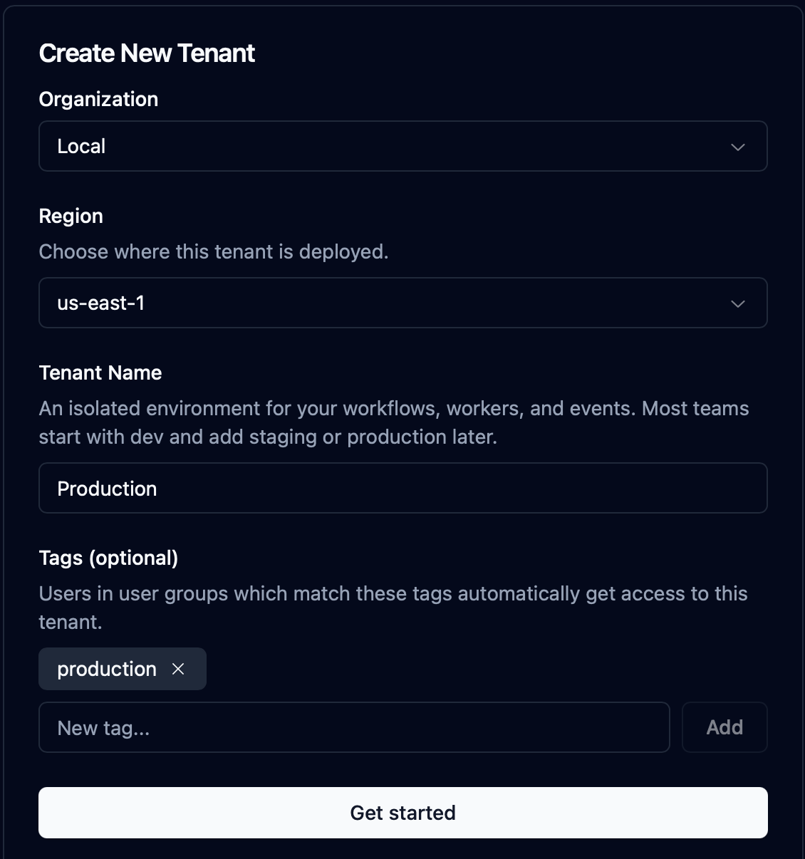 Tenant creation modal