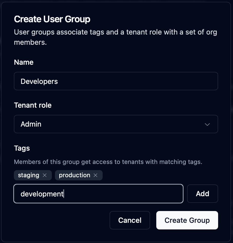 User groups creation modal