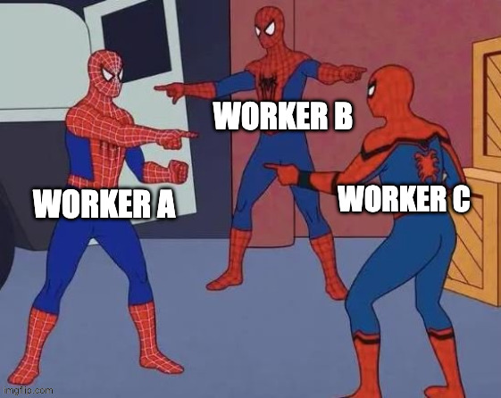 Three workers all pointing at each other, each claiming to have processed the same S3 object